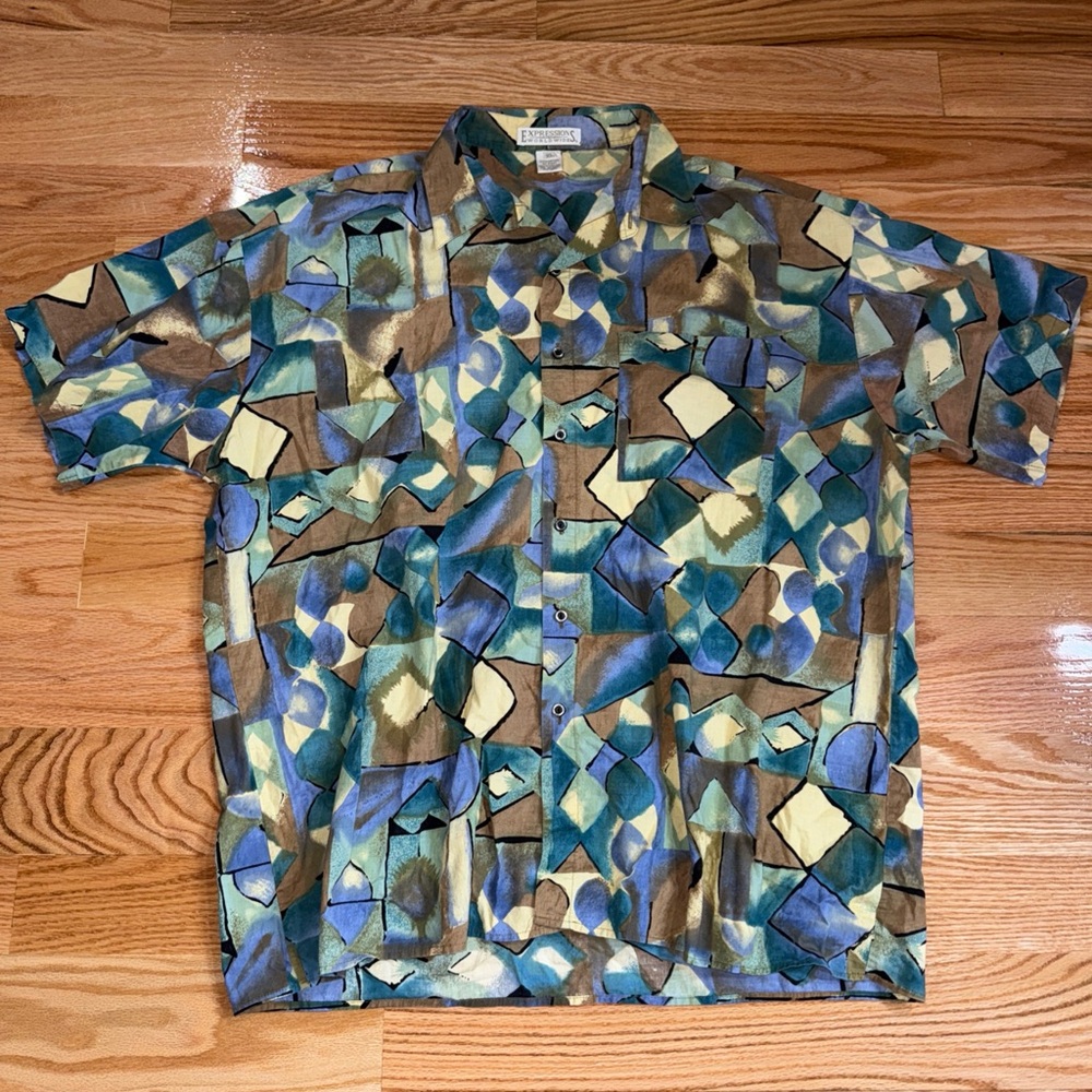 Vintage Button Down Rave Polo Expressions World Wide Mens Size XL 90s